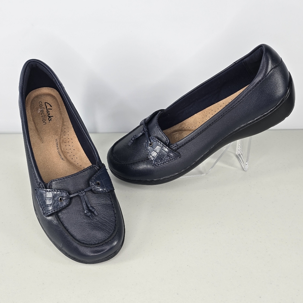 Clarks Navy Leather Tassel Loafers